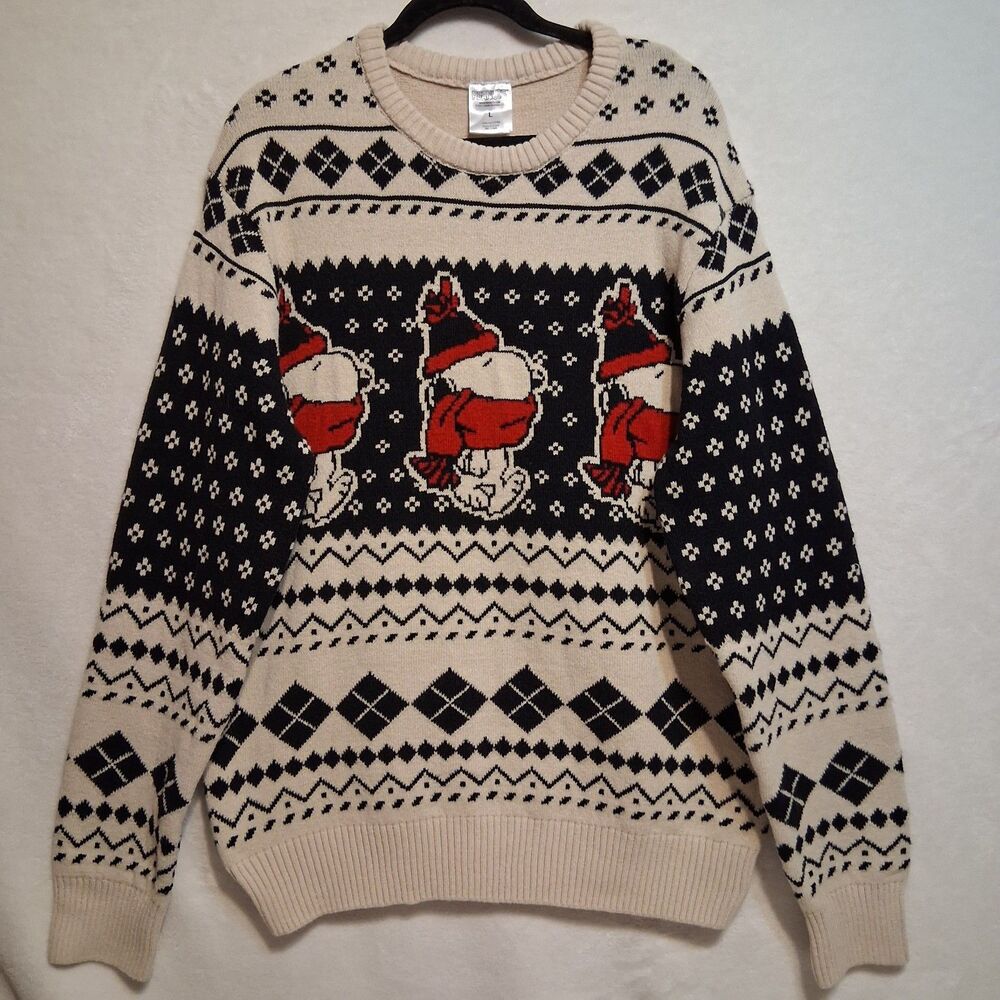 Peanuts L Sweater Tan Black Snoopy Christmas Fair Isle Holiday Cabincore NEW